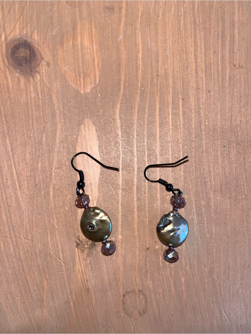 Bronze coin pearl earrings handmade ooak crystal genuine black wire handmade new